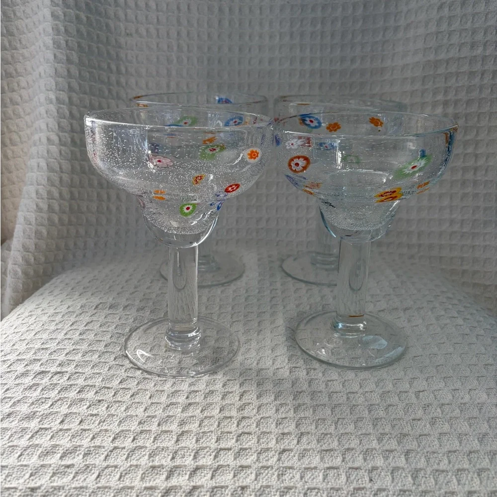 Crate & Barrel Zazz Millefiori Seed Bubble Margarita Glasses (Set of 4) EUC